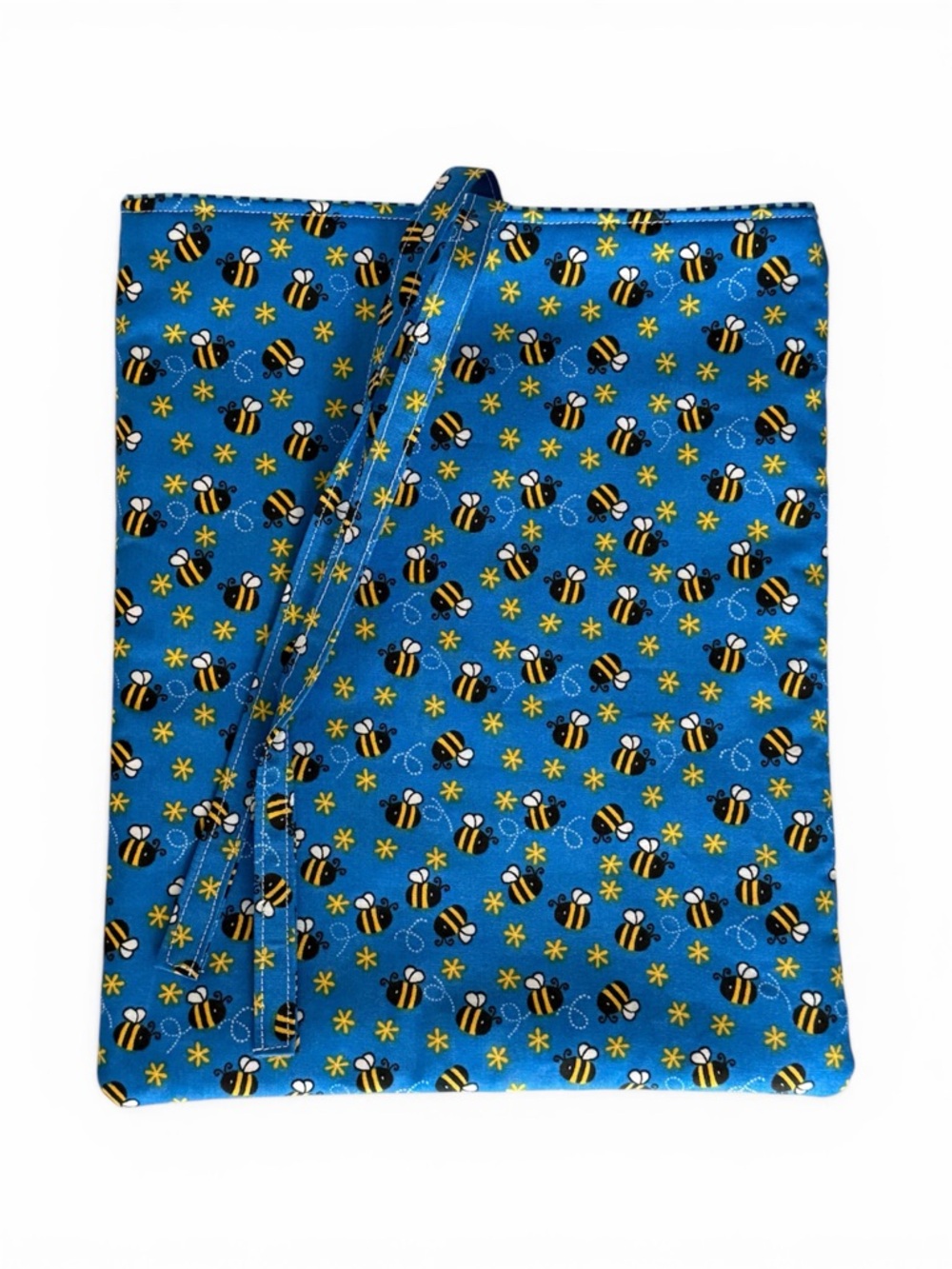 Blue Bee/Blue Stripes Print Fabric Book Cover with Ties 11x9” Handmade